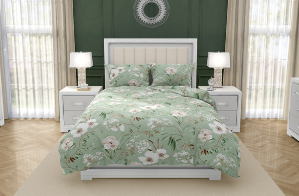 Спално бельо зелено и екрю Магнолия от памук ранфорс, 5 части - 1